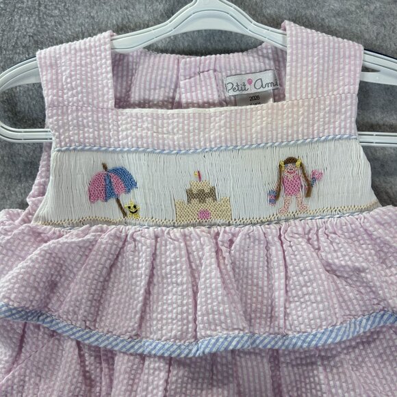 Petit Ami Baby Girls 9M Pink Seersucker Romper Bubble Smocked Beach  Ruffles - Picture 3 of 10